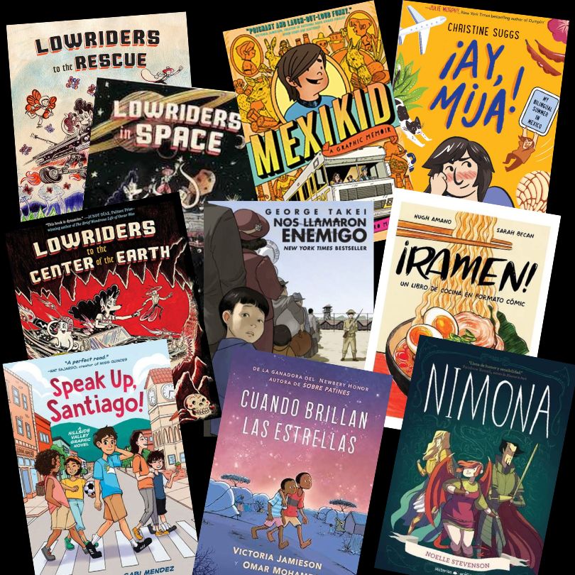 Collection of various bilingual graphic novels with colorful covers on a black background