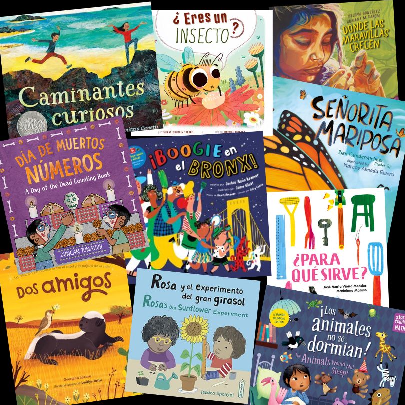 Collection of colorful children's books with various titles and illustrations showcasing Science, technology, engineering, math in Spanish and English
