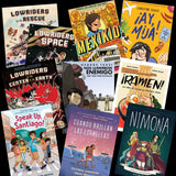 Collection of various bilingual graphic novels with colorful covers on a black background