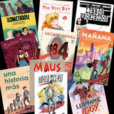 Collection of graphic novels on a black background