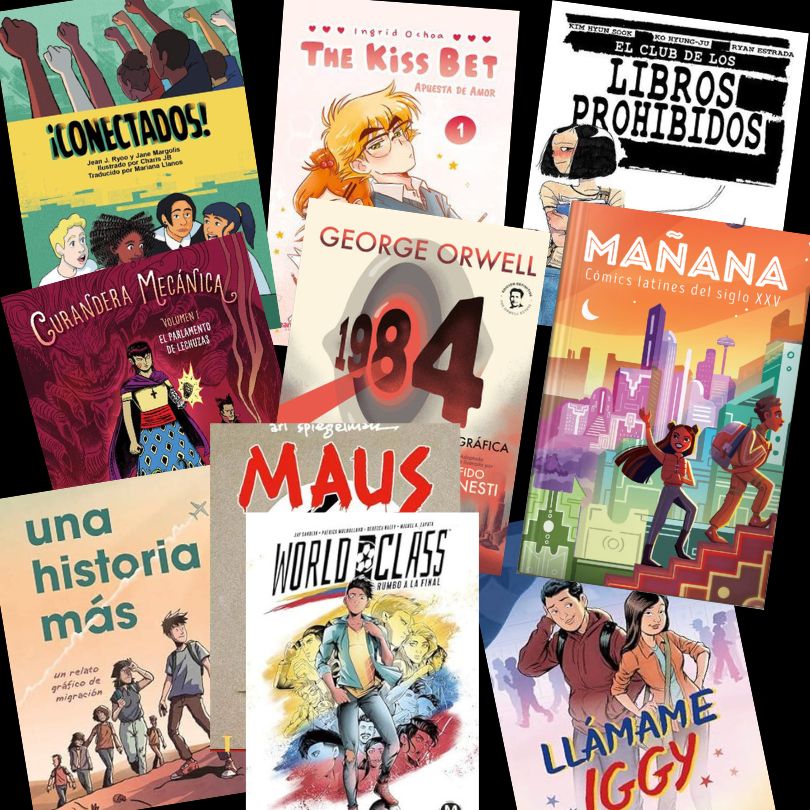 Collection of graphic novels on a black background
