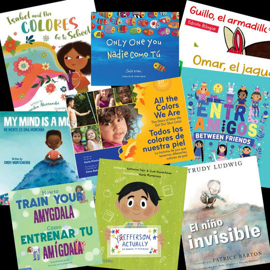Collage of various social emotionl themed children's books with colorful covers and illustrations. Bilingual and Spansih